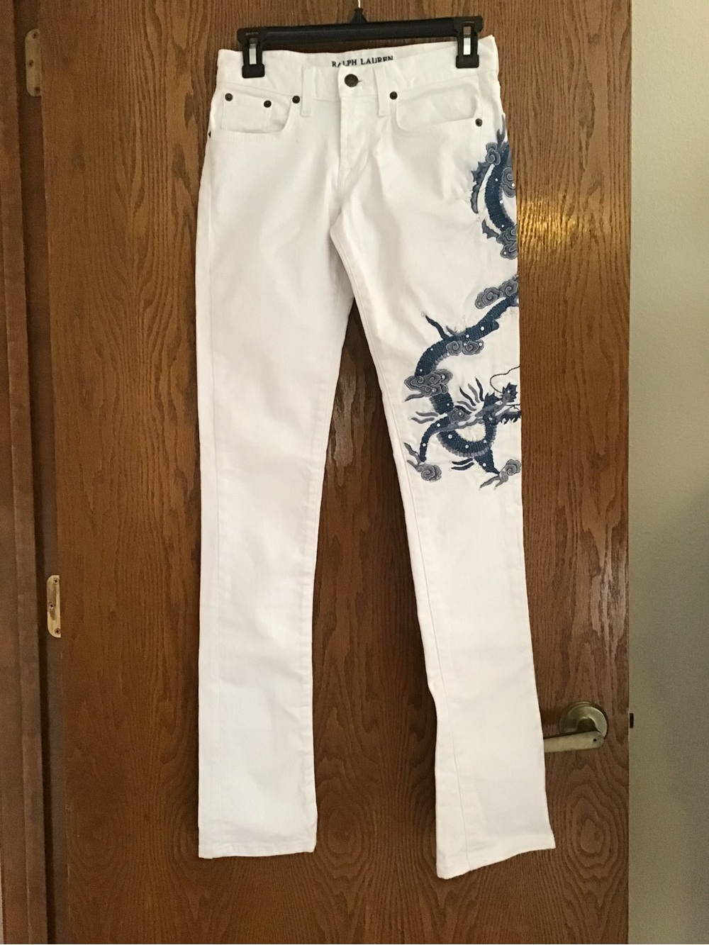 Ralph Lauren White Jeans with Blue Dragon Motif